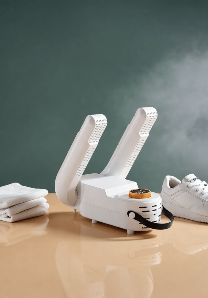 gen4turbo a modern white shoe dryer placed on a glossy beige surface, pho s nordic minimal, 10394525